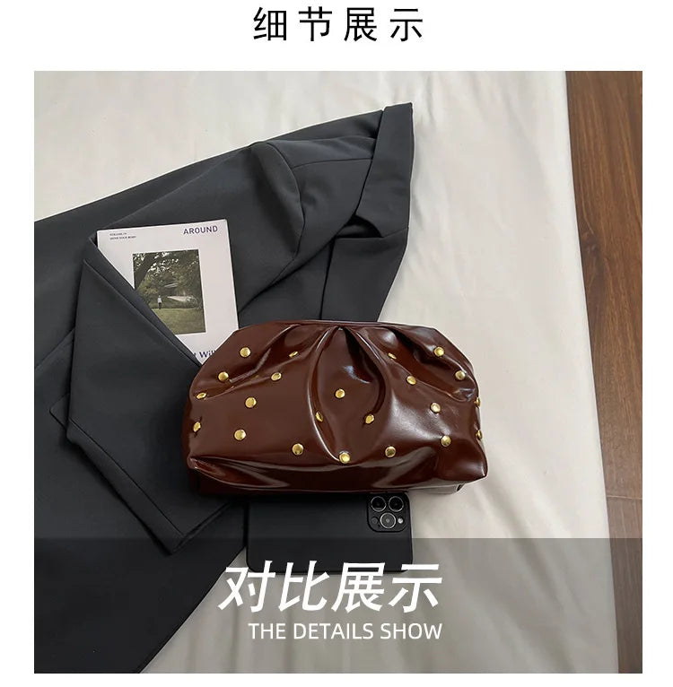 Simple Versatile Clip Evening Handbags for Women Solid Color Rivet Pleated Design Ladies Clutch Female Soft Pu Leather Purse