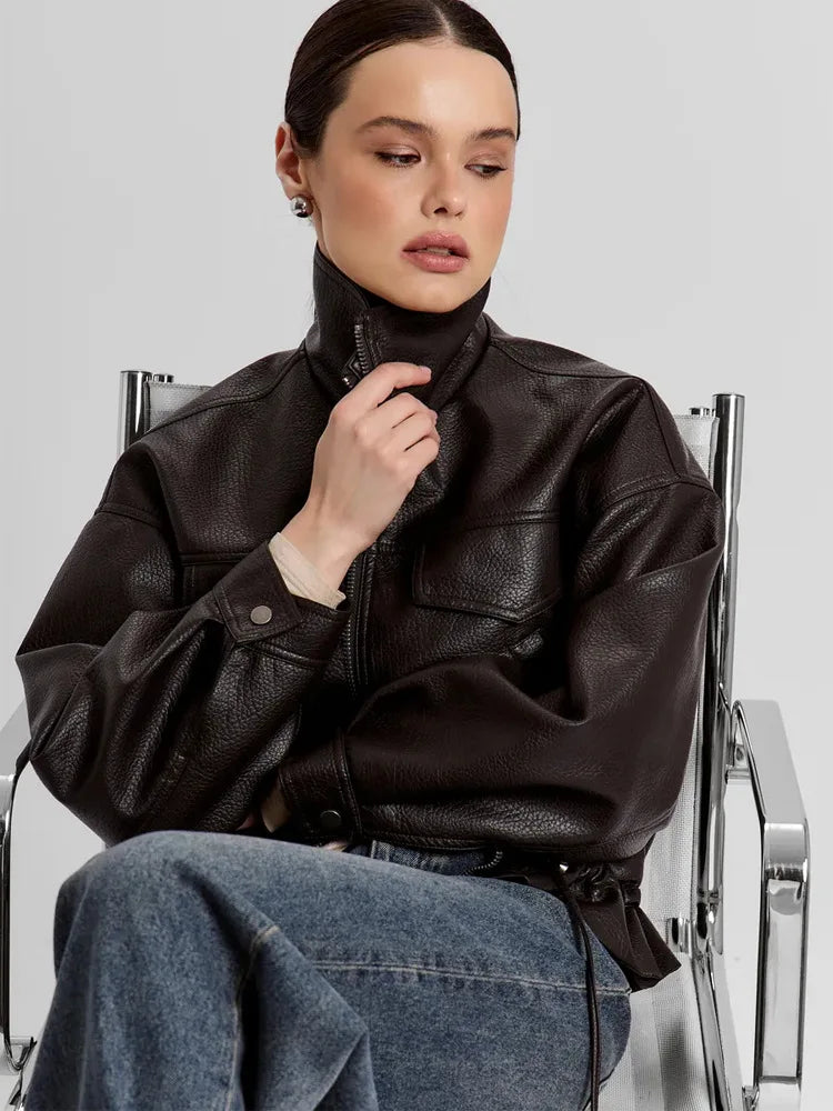 LGRQ Stand‑Collar Long Sleeve Biker Faux Leather Jacket Women Vintage Drawstring Waist Cropped Outerwear 2026 Autumn 19DB3772