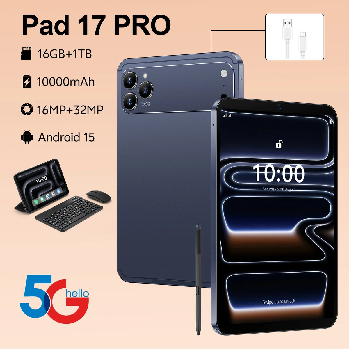 Original Global Version Hot Sale Tablet Pad 17 Pro 10.1 Inch HD 4K Android 15 16GB+1T 10000mAh 5G Dual SIM WiFi GPS 2026 New Tab