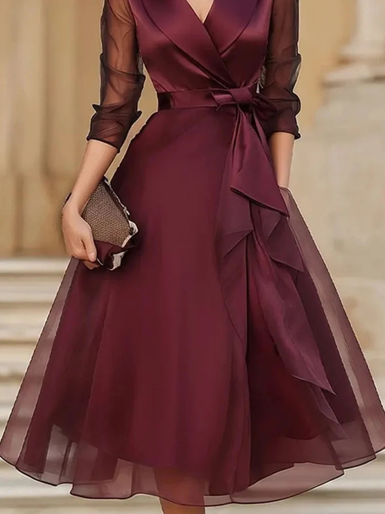 Spring Summer Mesh Patchwork Simple Maxi Dress Women V Neck Three Quarter Sleeve Chic Lace-Up Holiday Streetwear Dress Vestidos