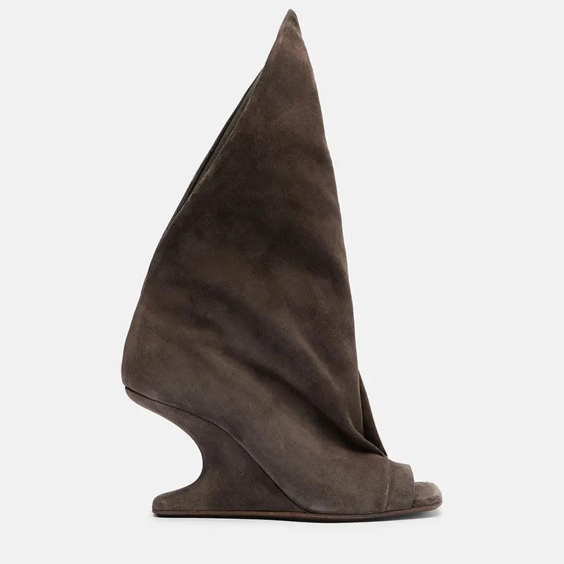 Runway Style Women Peep Toe Tall Boots Sculptural Wedge Heel Draped Pleated Upper Trendy Evening Statement Fashion Footwear