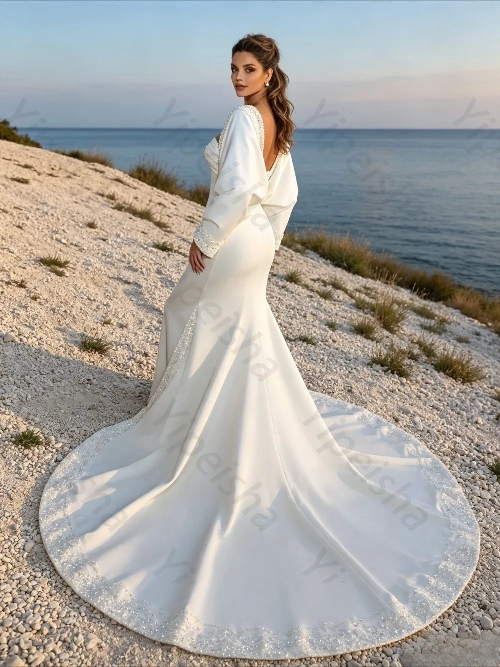 Customized 2026 Luxury Satin Mermaid Wedding Dress Full Sleeve Beaded Sweetheart Neckline Detachable Train Elegant Bridal Gown