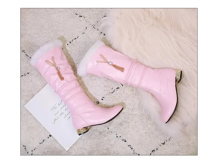 Winter Warm Knee High Boots Women Platform Wedges High Heels Snow Boots Slip on Winter Ladies Shoes White Black Pink 2025