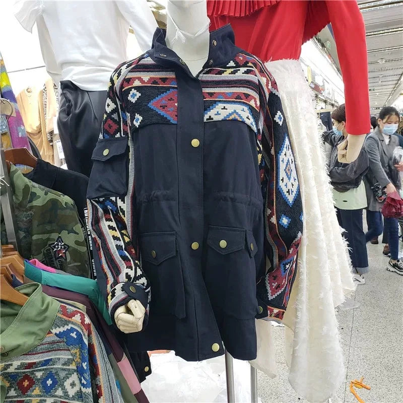 European and American style heavy industry embroidery splicing denim jacket 2025 new print loose casual denim women's jacket top
