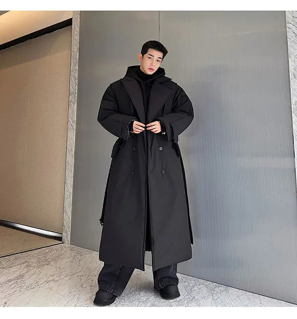 Winter Thickened Long Down Jacket Man's Belt Design Korean Warm Over The Knee Fashionable Long Sleeve Solid Color Cotton Coats