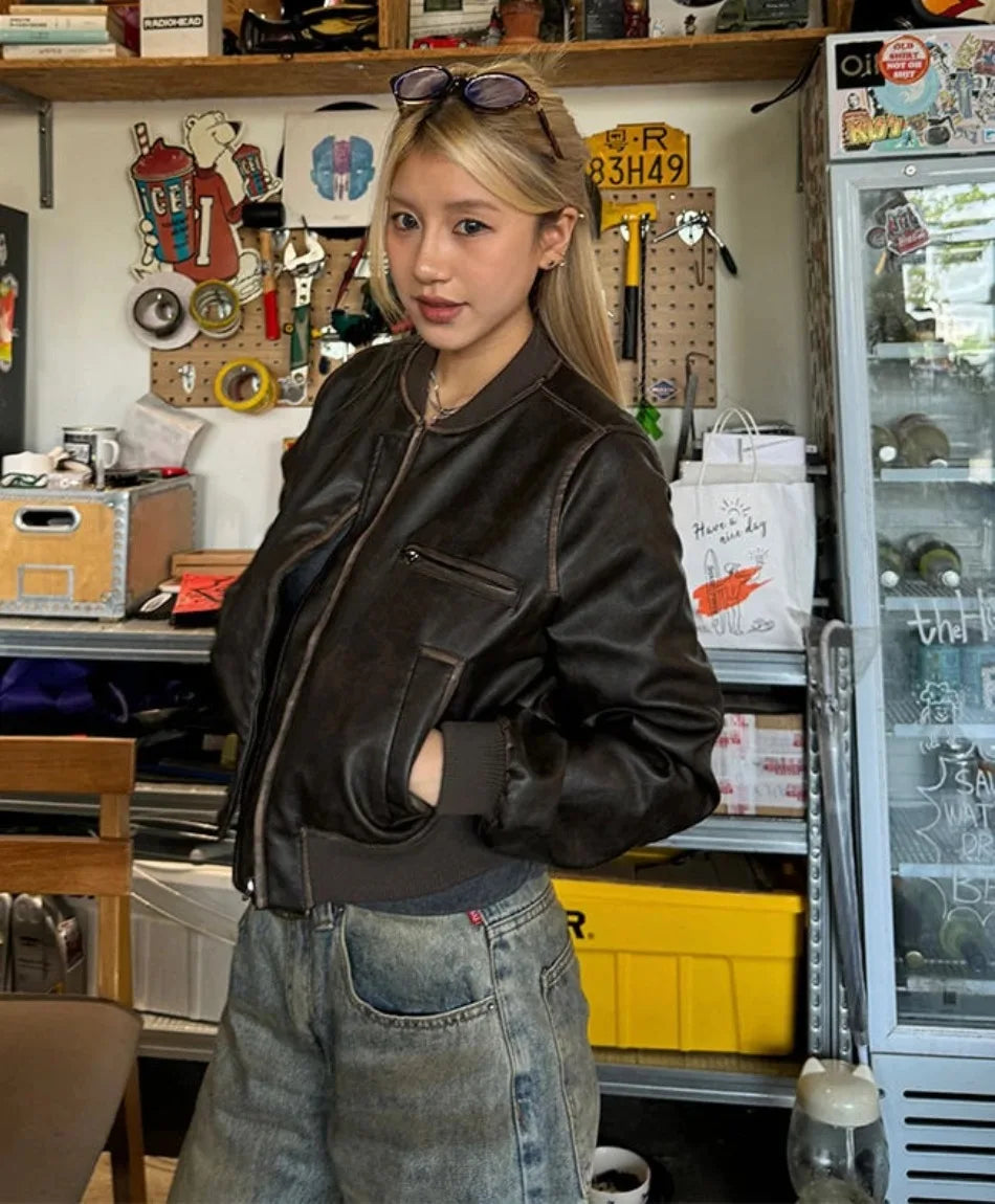 New in Autumn Winter Women High End Short Motorcycle Leather Jacket Women Top Retro Brown Loose Casual Coat Female Clothing