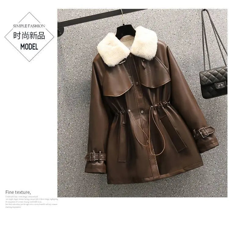 2026 Winter Age Reduction with Thick Velvet Loose Stand up Collar Motorcycle Wear PU Leather Jacket Long Sleeve Coat for Women