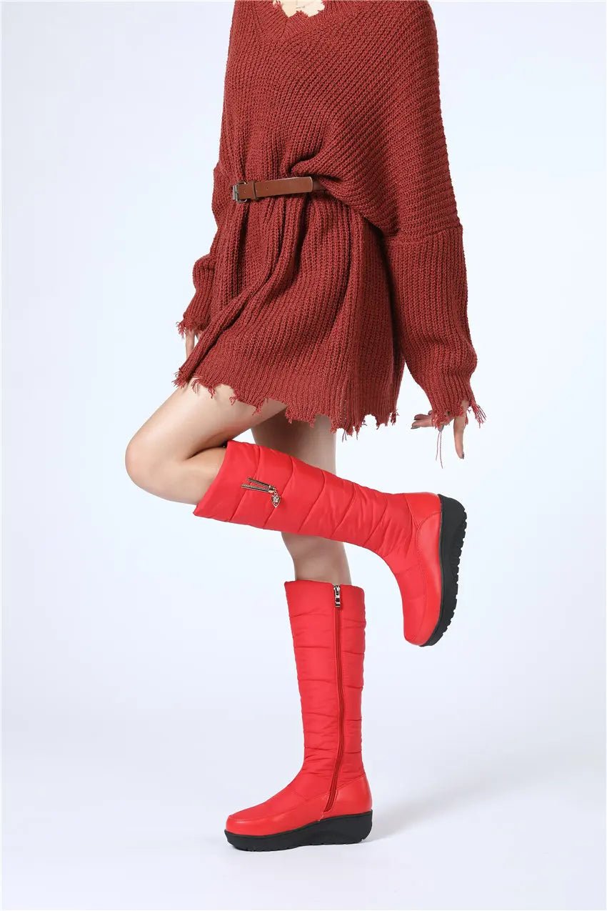 Women Warm Fur Mid-calf Snow Boots Round Toe Red Black Down Crystal Dec Party Travel Lady Wedge Platform Winter Plush Half Boots