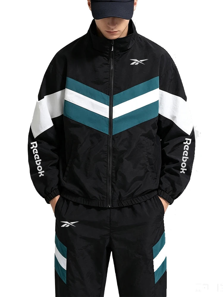 2026 New Skechers Men's Autumn Jacket Set with Fashionable Stripes and Plaid Collar, Spring-Autumn Sporty Casual Windproof Jacke