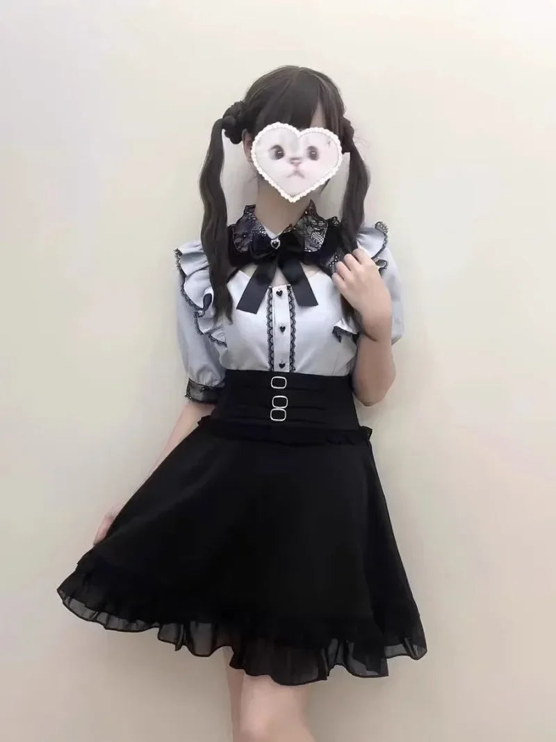 Jirai Kei Cosplay Costume Lolita Dress Blouse Y2K Kawaii Japanese Style Shirt Short Sleeve Pink Sweetheart Girl Halloween Party