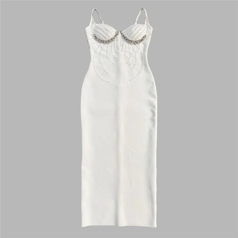 Women Sexy Beading Spaghetti Strap Bandage Dress Bodycon Clothes Club Party Celebrity Elegant Dresses