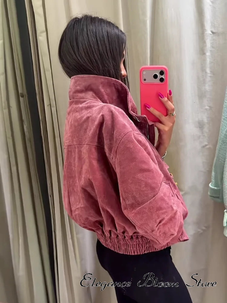 Women Stand Collar Leather Pilot Jacket Red Zipper Cropped Coat Fashion Casual Fashion Outerwear 2026 New Arrival Streetwear