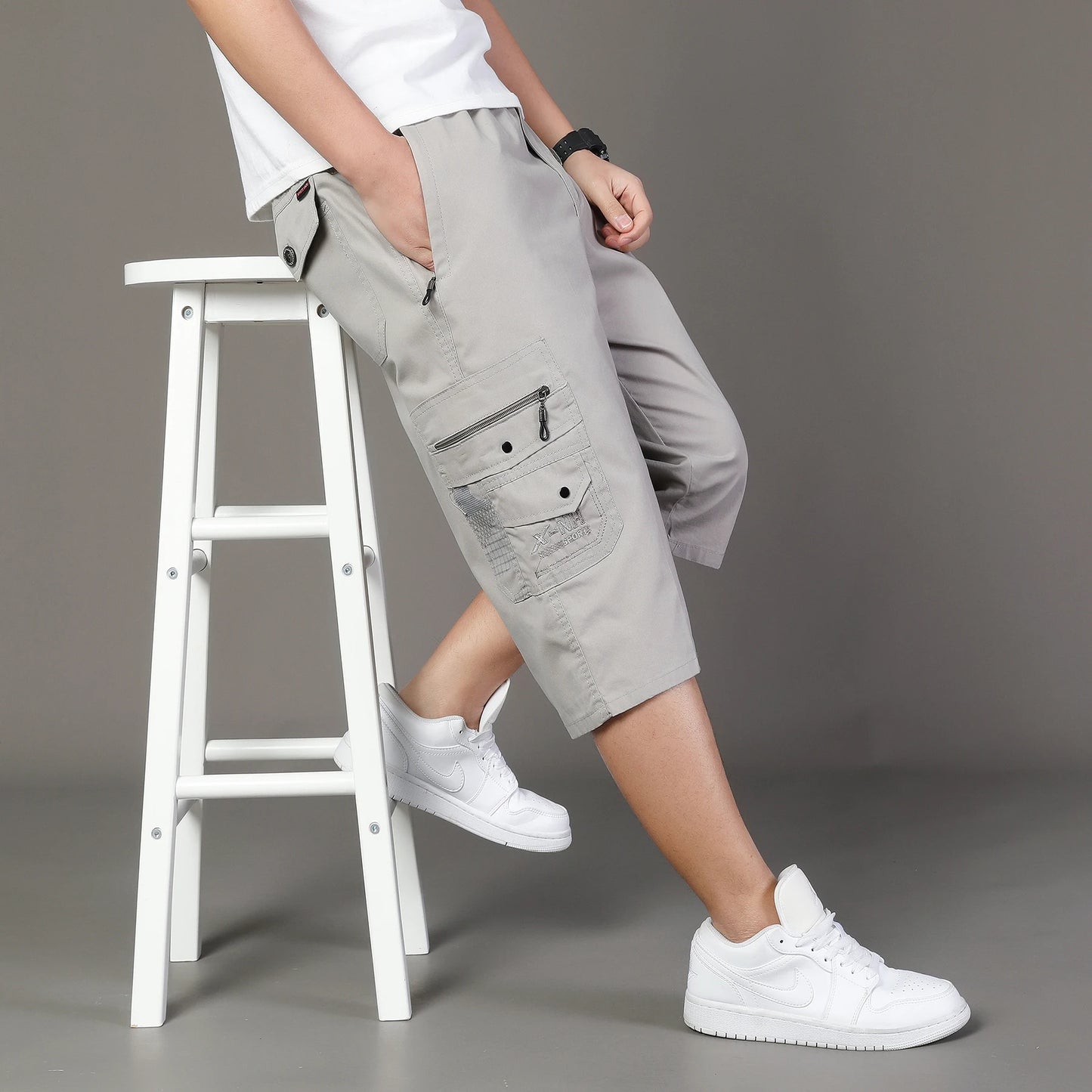 Zipper Pocket Workwear Shorts Mens Knee Cargo Pants 2026 Summer Cotton Shorts Men Climbing Jogger Elastic Waist Sports Work Wear