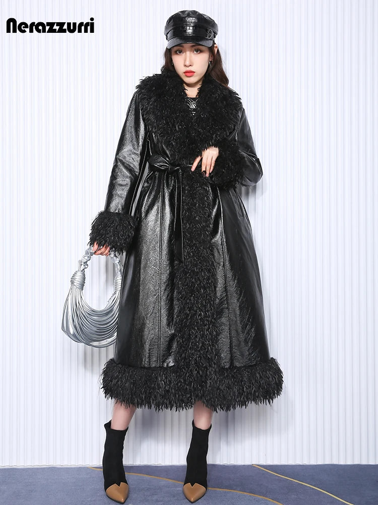 Nerazzurri Autumn Winter Long Loose Black Quilted Warm Soft Pu Leather Coat Women with Faux Fur Trim Sashes European Fashion