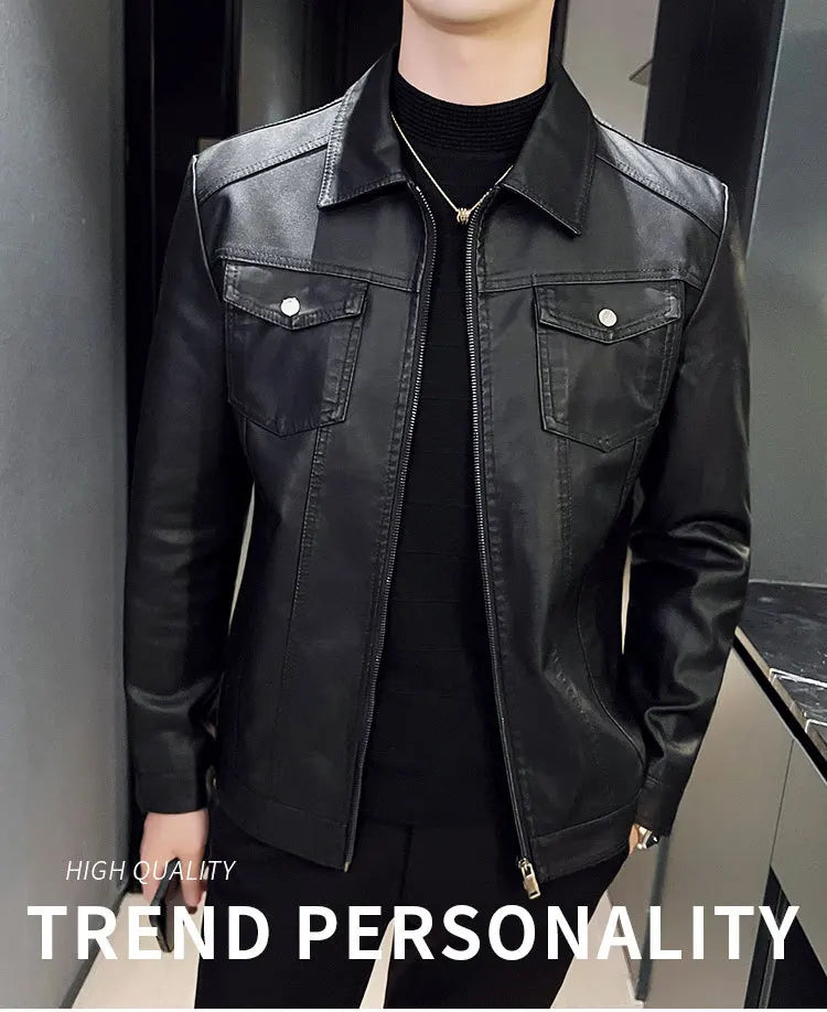Autumn and Winter Classic Men's Leather Jacket Lapel Fashion Trend Locomotive Clothes Fleece Thermal Jacket Men