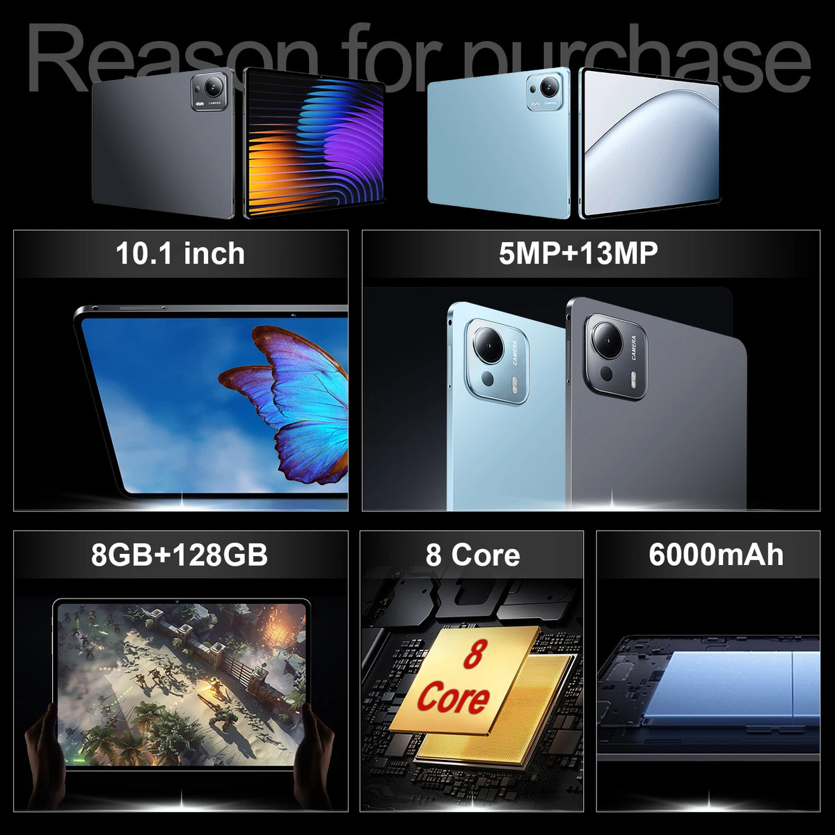 2026 Upgraded 10.1" Android 15 Tablet, Octa-Core 8GB+128GB, WiFi 6, 1280*800 IPS Screen, 5MP+13MP Dual Cameras, 6000mAh Battery