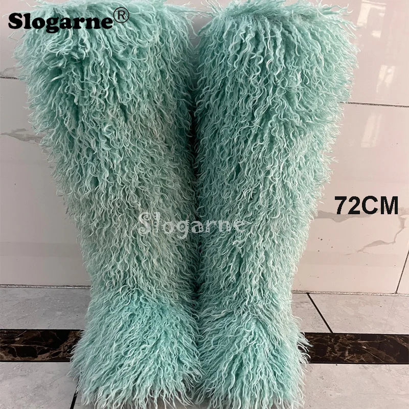 New Over The Knee Fur Boots Women Warm 72CM Long Faux Mongolian Fur Snow Boots Winter Luxury Fluffy Shoes Plush Platform Shoes
