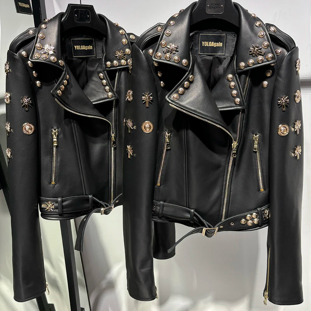 Women Stylish Gold Rivet Real Leather Jacket High Glossy Genuine Leather Asymmetrical Zip Biker Jacket