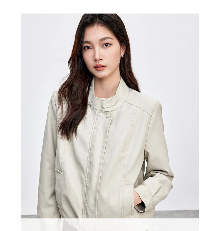 SENTUBILA Women Stand Collar Short PU Leather Jacket 2026 Autumn Winter Ladies Zipper Windproof Cropped Pu Jacket  W51G80160