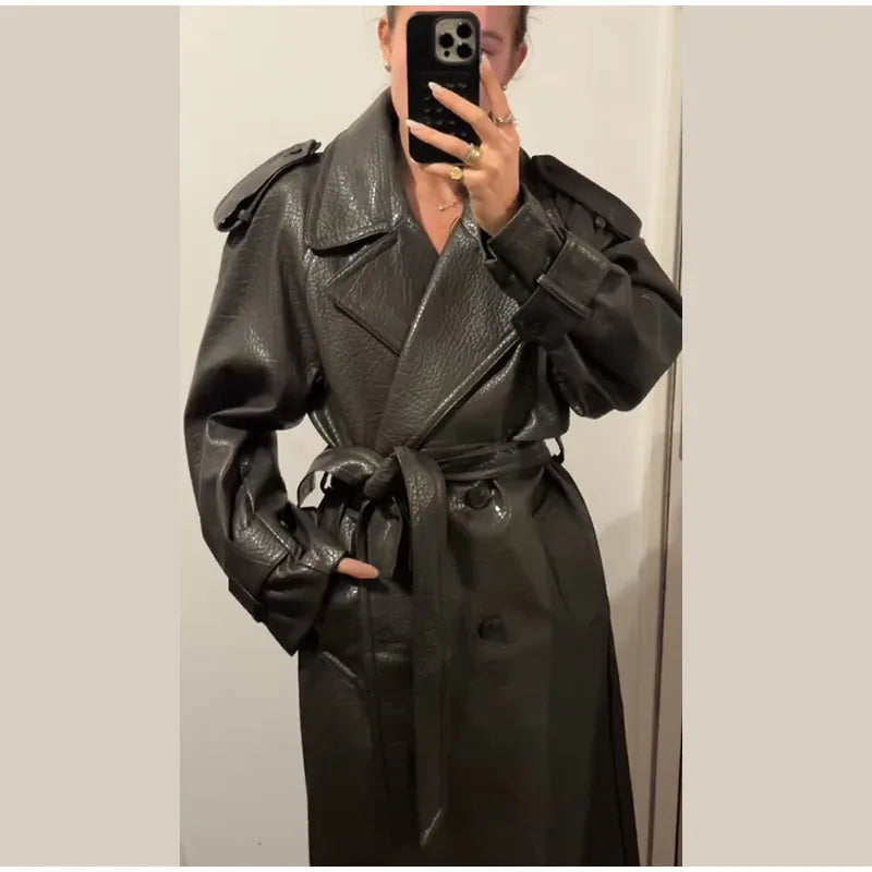 Double Breasted Lace up Long Leather Coat Woman Long Sleeves Loose Solid Color Casual Jackets Street Women's Early Autumn Coats