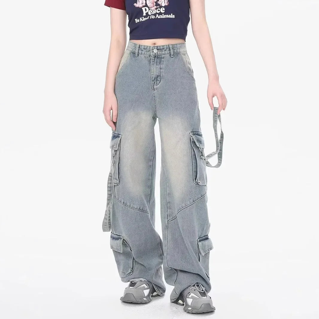 Cargo Straight Full Length Distressed Men Jean Spliced Loose Fit Washed Vintage Denim Pants High Waist Pockets Patchwork