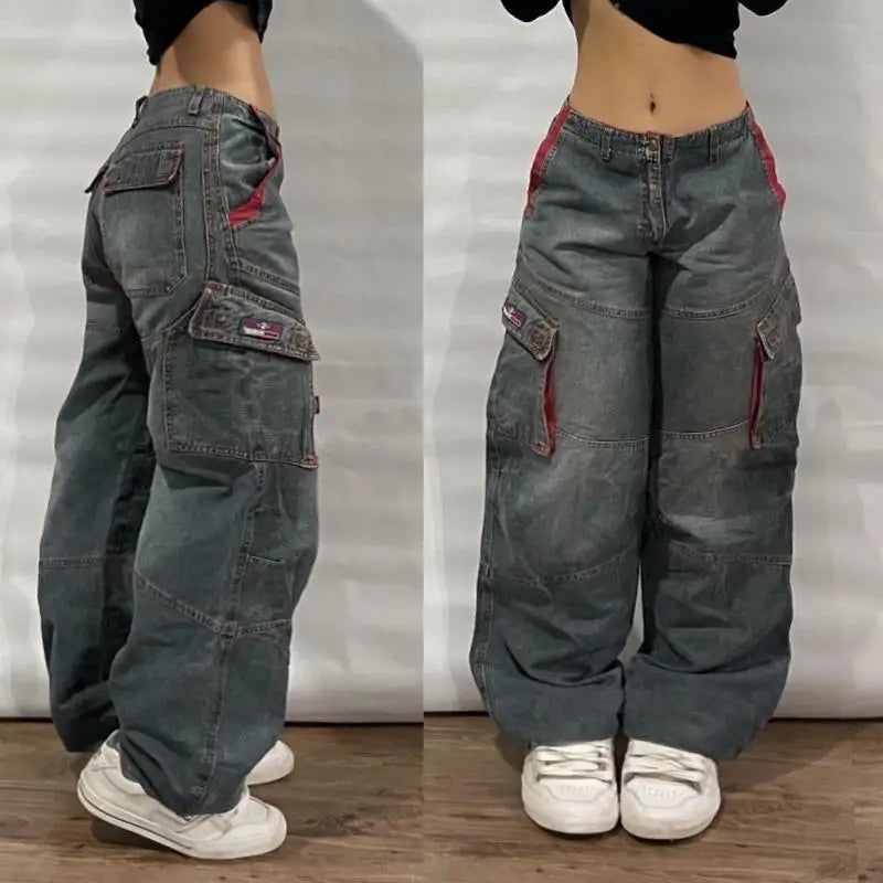Fashion New Multi Pocket Washed Baggy Jeans Men And Women Low Waist Straight Leg Drawstring Closure High Elasticity Korean Style
