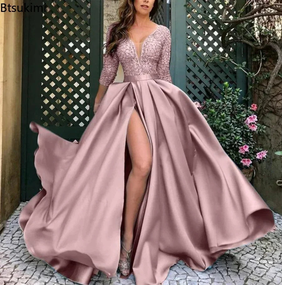 New 2026 Women's Sequins Beads Prom Dress Big Swing Sexy V-neck Trailing Banquet Wedding Evening Dress Ladies Vestidos De Fiesta