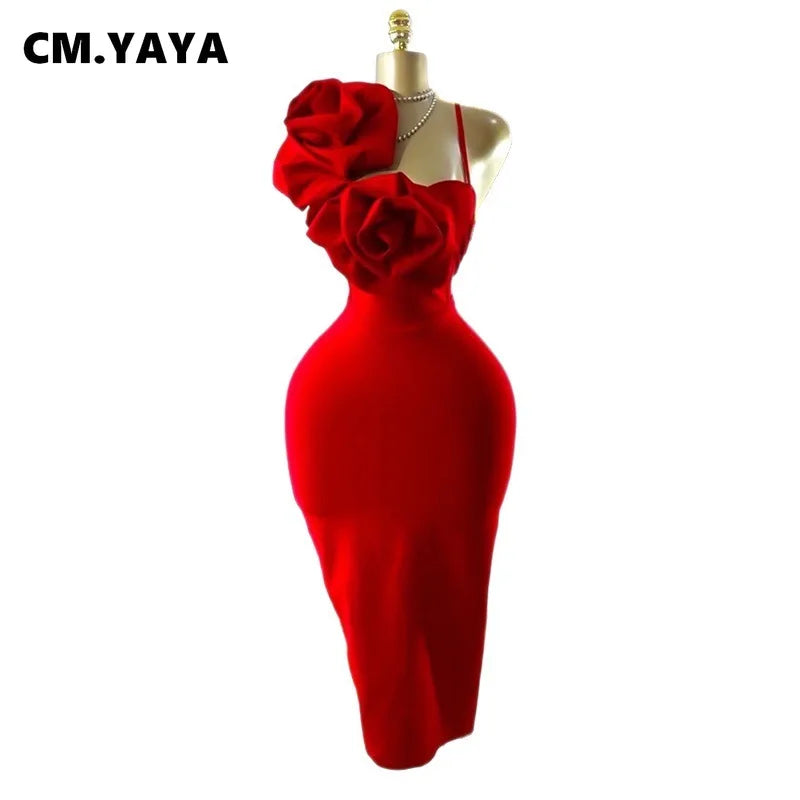 CM.YAYA Women Floral Applique Sleeveless Strap Midi Dress 2026 Summer Elegant Holiday Birthday Sexy Club Party Evening Dresses