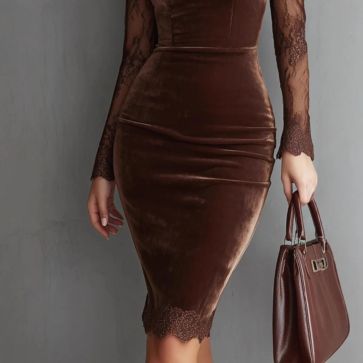 Women Velvet Midi Dress Elegant Lace Long Sleeve Hollow Out Bodycon Dress Autumn Winter New Party Evening Formal Pencil Dresses