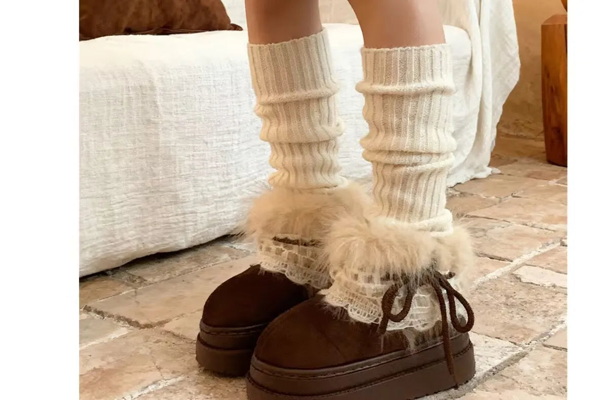 Korean Style Lace Snow Boots 2025 Winter Plush Warm Short Boots Girls Sweet Thick Bottom Casual Boots Students Cotton Shoes