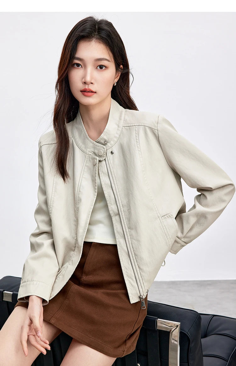 SENTUBILA Women Stand Collar Short PU Leather Jacket 2026 Autumn Winter Ladies Zipper Windproof Cropped Pu Jacket  W51G80160