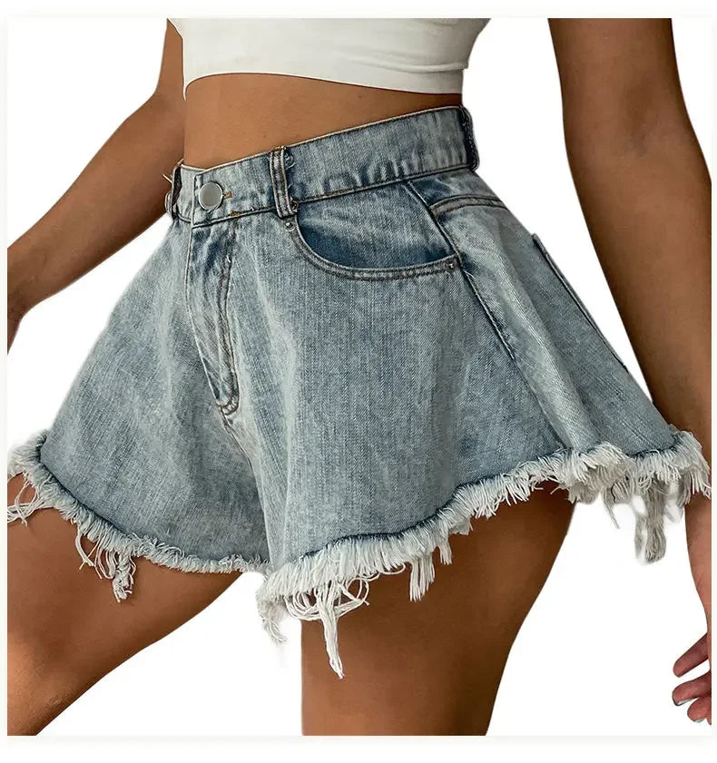 Wide Leg Shorts Women Y2k Denim Frayed Sexy Girls High Waist Hotsweet All-match Vintage Fashion Pockets European Style Females