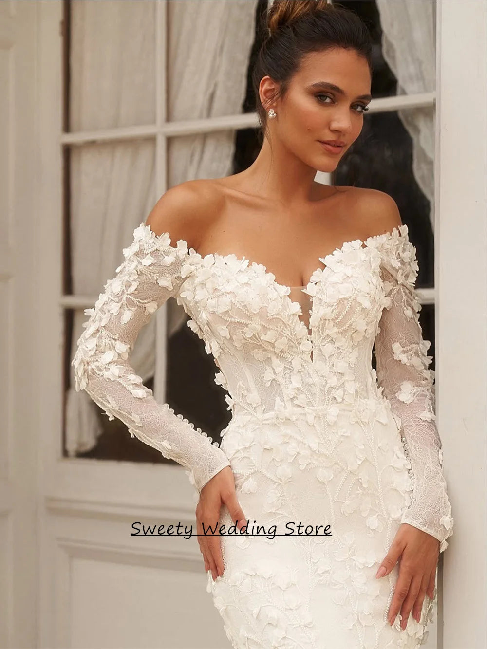 Luxury Lace Mermaid Wedding Dress Customized V Neck Long Sleeves Court Train Woman Bride Bridal Gown Illusion Back