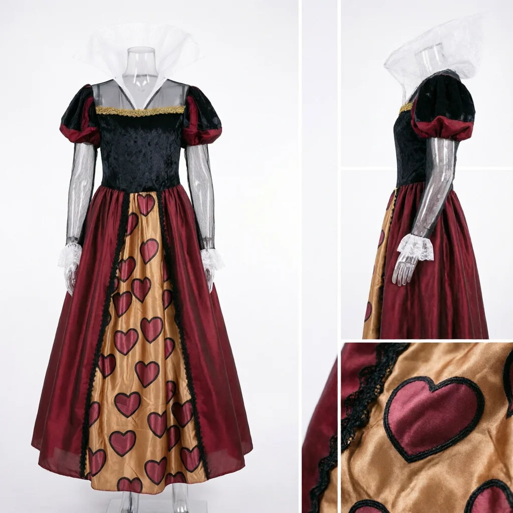 Women Queen of Hearts Costume Red Black Dress with Crown Scepter for Halloween Alice Cosplay Part
