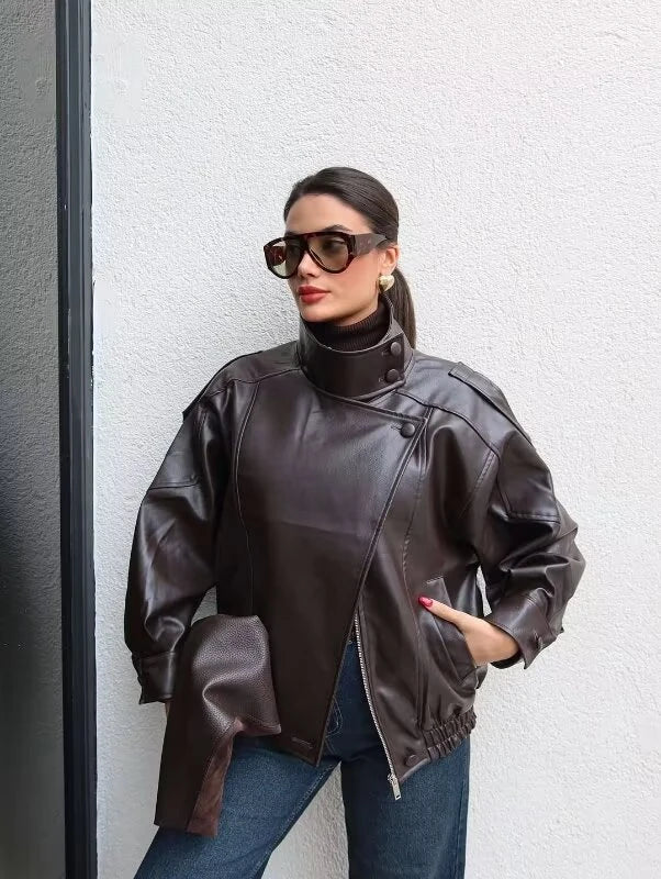Women's Jacket New Black Long Sleeve Faux Leather Jacket Motorcycle Style Personality Fashion button and Zipper closure traf