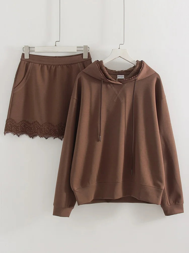 Streamgirl Brown Hoodies With Lace Women Oversize Plain Spring Elegant Butter Yellow Hooded Sweatshirts For Women Oversized