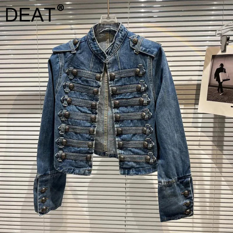 DEAT 2026 Autumn New Fashion Metal Buckle Design Shoulder Strap Denim Short Jacket For Women High Street Coat Female 11A06995