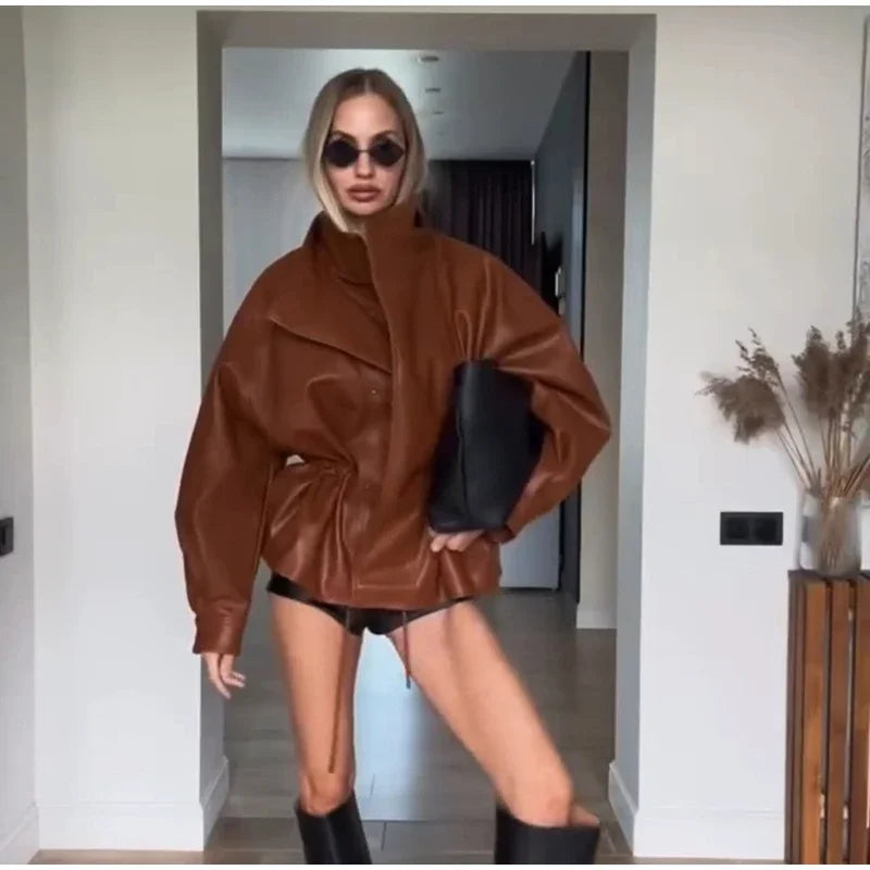 Fashion Solid Faux Leather Women's Jacket  Lapel Waist Cinching Loose Long Sleeves Coat Chic 2026 Spring Autumn New Street Wear