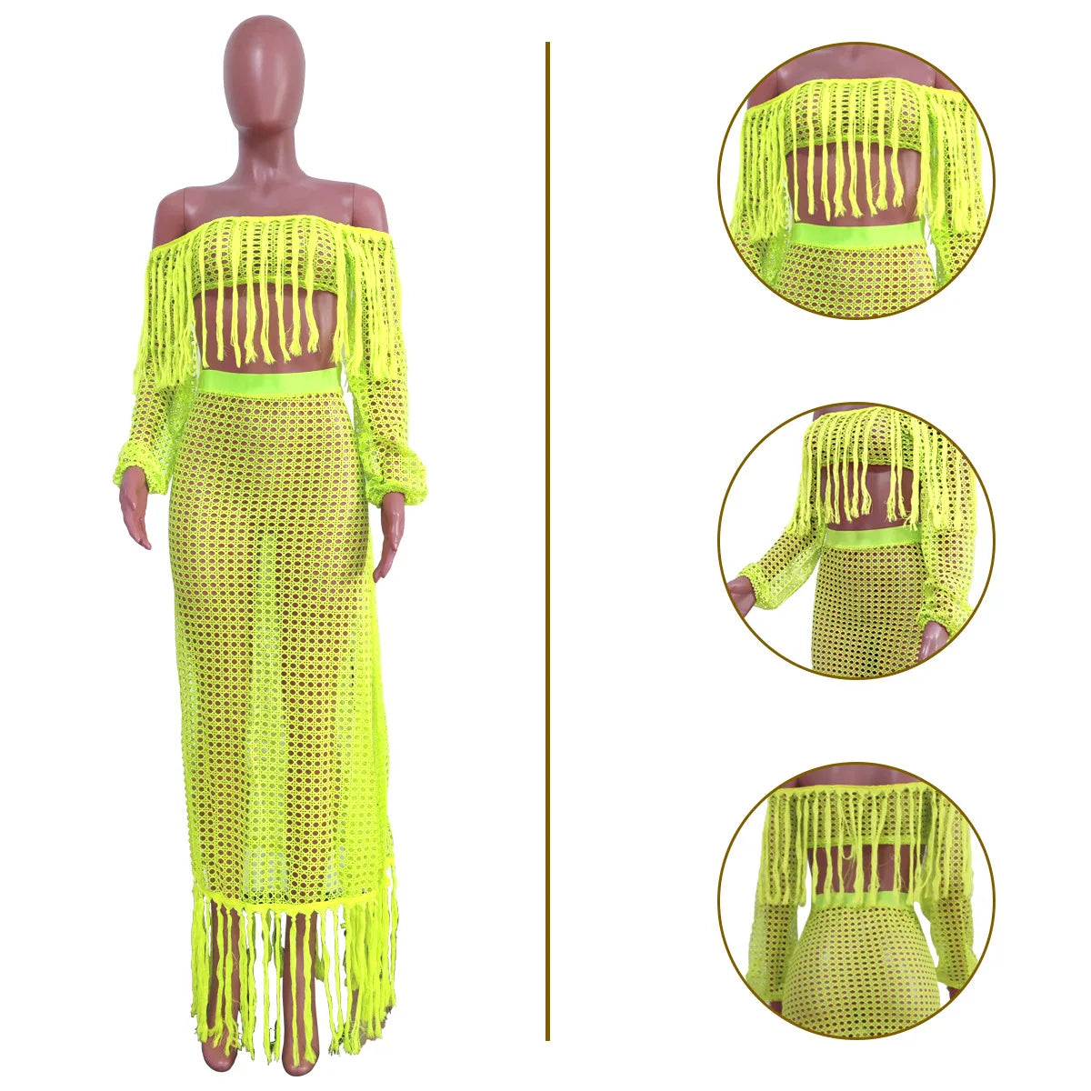 Skirt 2 Piece Set Women Beach Long Skirts Suit Top Off Shoulder Tassels Sexy Hollow Out Ensemble 2025 Summer Female Outfits