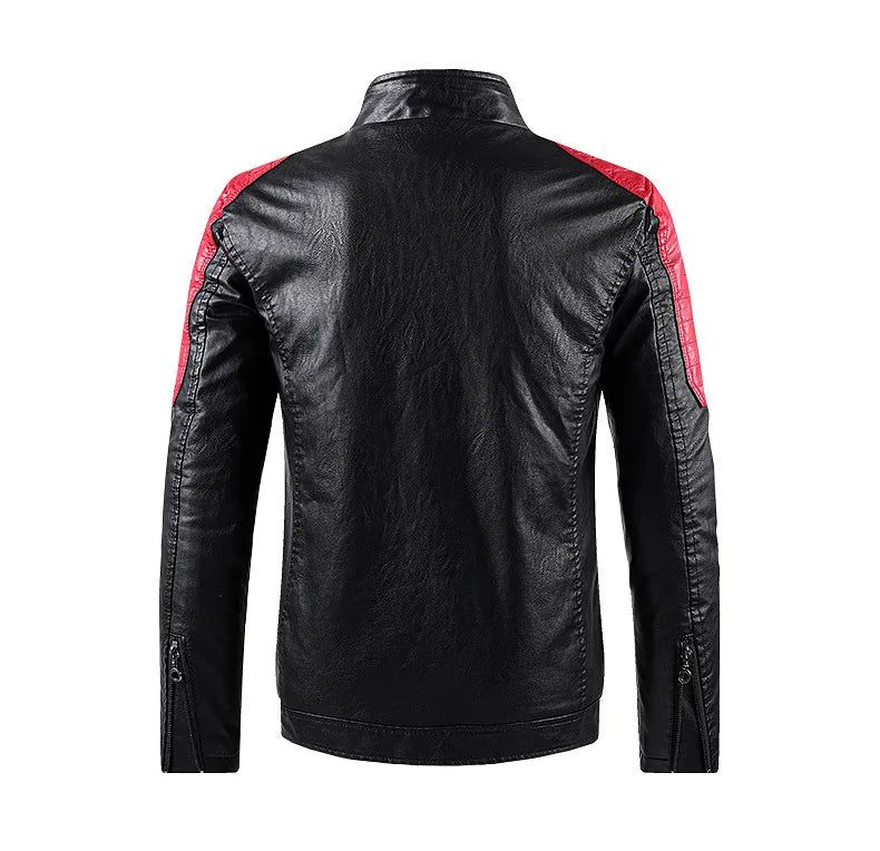 White and Red Patchwork Men's PU Jacket, Stylish Vintage Biker Faux Leather Coat, Available in Black or Brown.