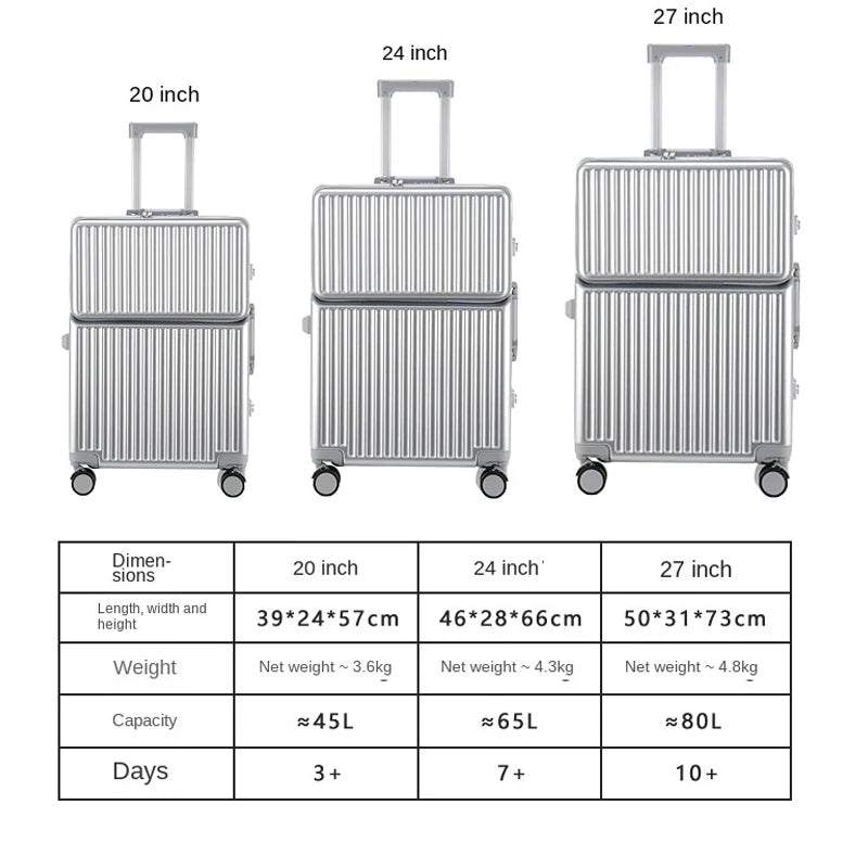 New 20'' Boarding Box Front Opening Suitcase Aluminium Frame 24/27 inch Rolling Luggage with Cup Holder Mobile Phone Holder