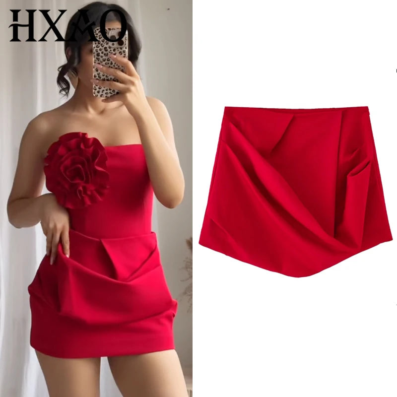 Red Short Pleated Skirt For Women Zipper Sexy High Waist Wrap Mini Skirt Woman Summer Skirts Lady High Street Wear Women's Skirt