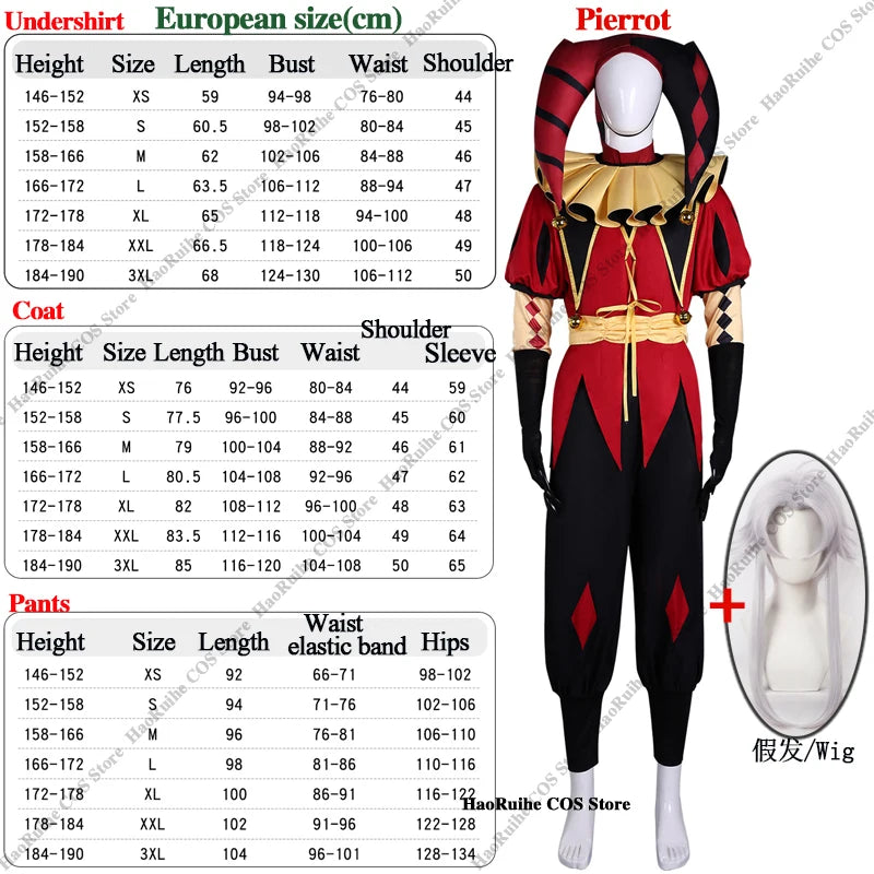 Hot The Freak Circus Pierrot Jester Harlequin Cosplay Costume Adult Clown Top Pant Wigs Joker Uniform Halloween Costume Carnival