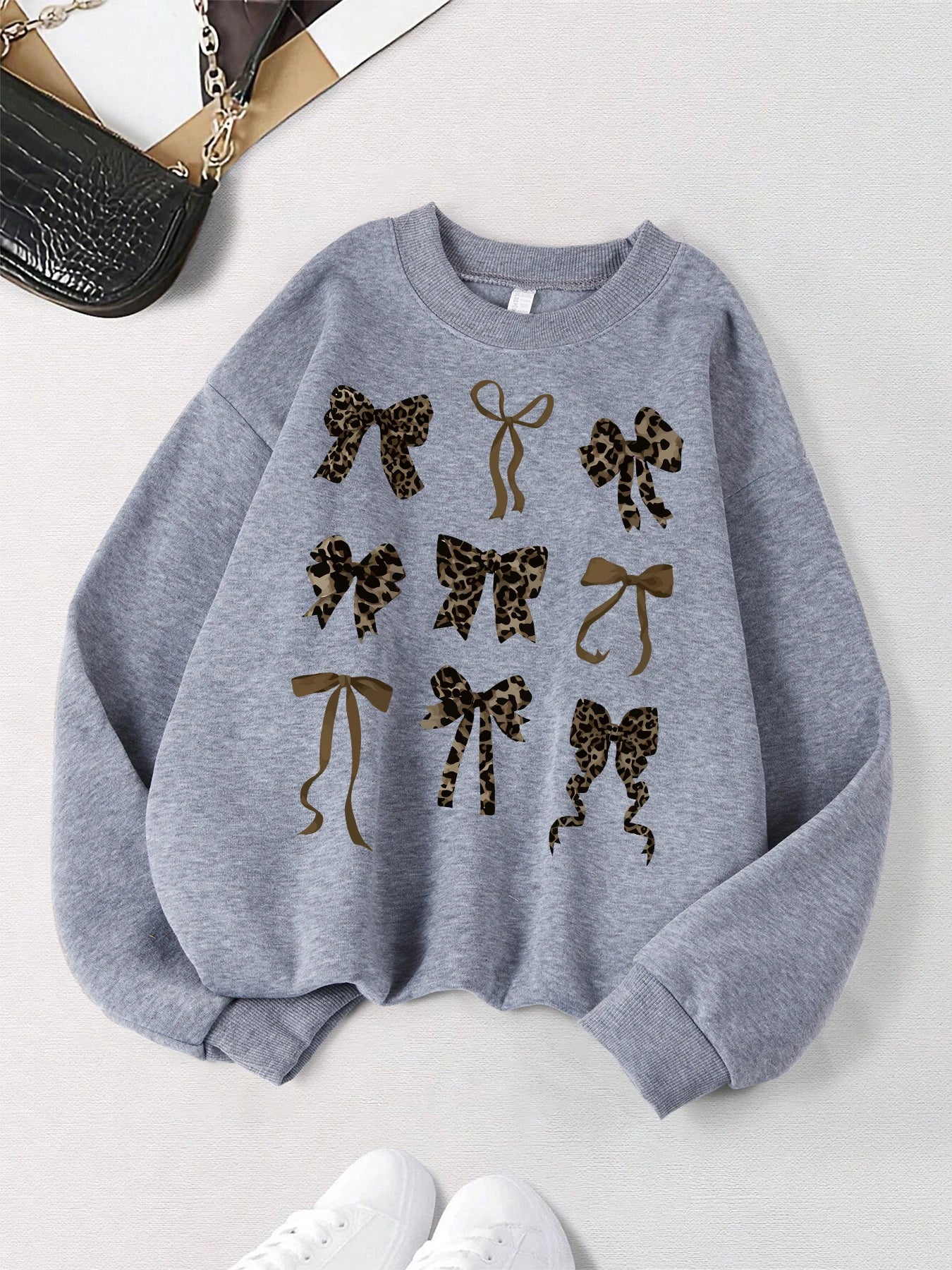 Retro Leopard Print Bow Printed Women Hoodies All-Match Comics Hoody Fleece Casual Clothes Street Hip Hop Pullover Woman