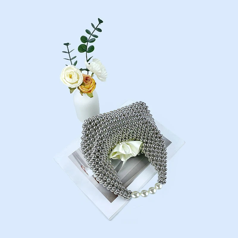 European and American high-end texture handmade silver beaded pillow bag, banquet bag, fashionable and versatile