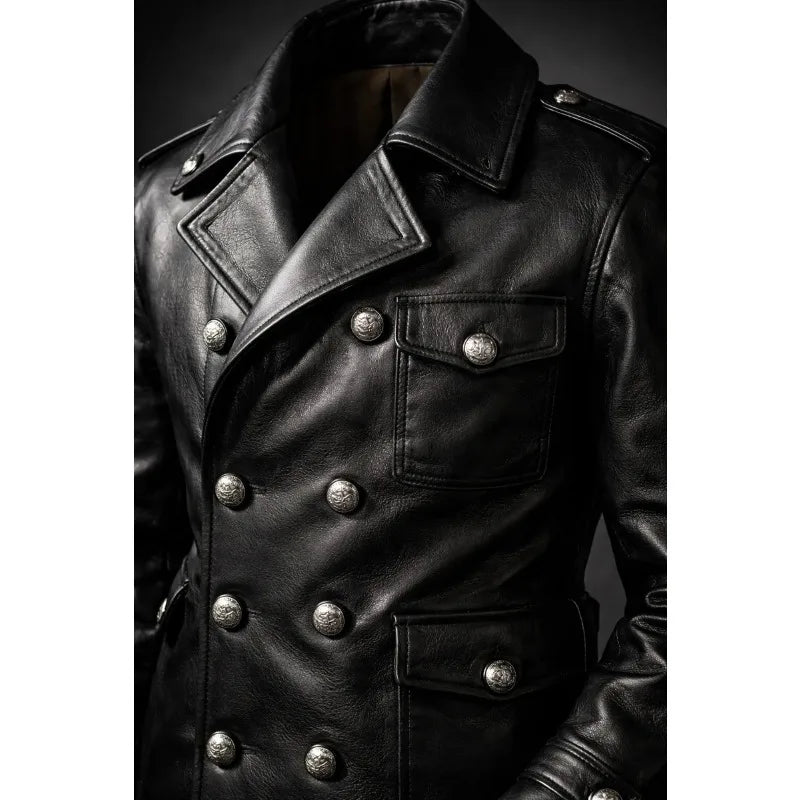 Mens English Gothic Black Leather Trench Coat Military Officer Classic