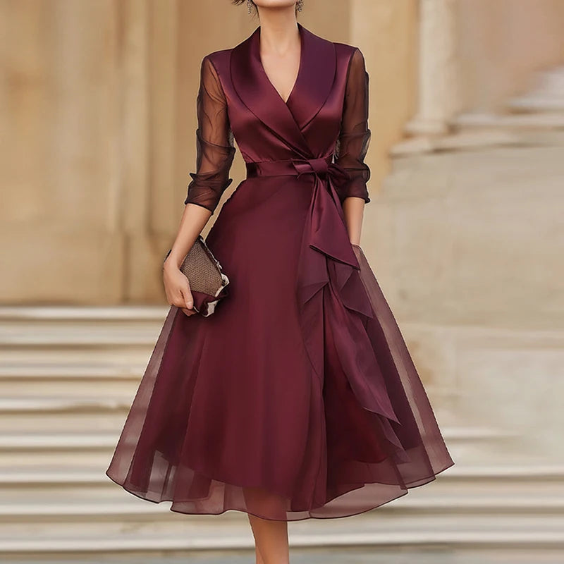Spring Summer Mesh Patchwork Simple Maxi Dress Women V Neck Three Quarter Sleeve Chic Lace-Up Holiday Streetwear Dress Vestidos