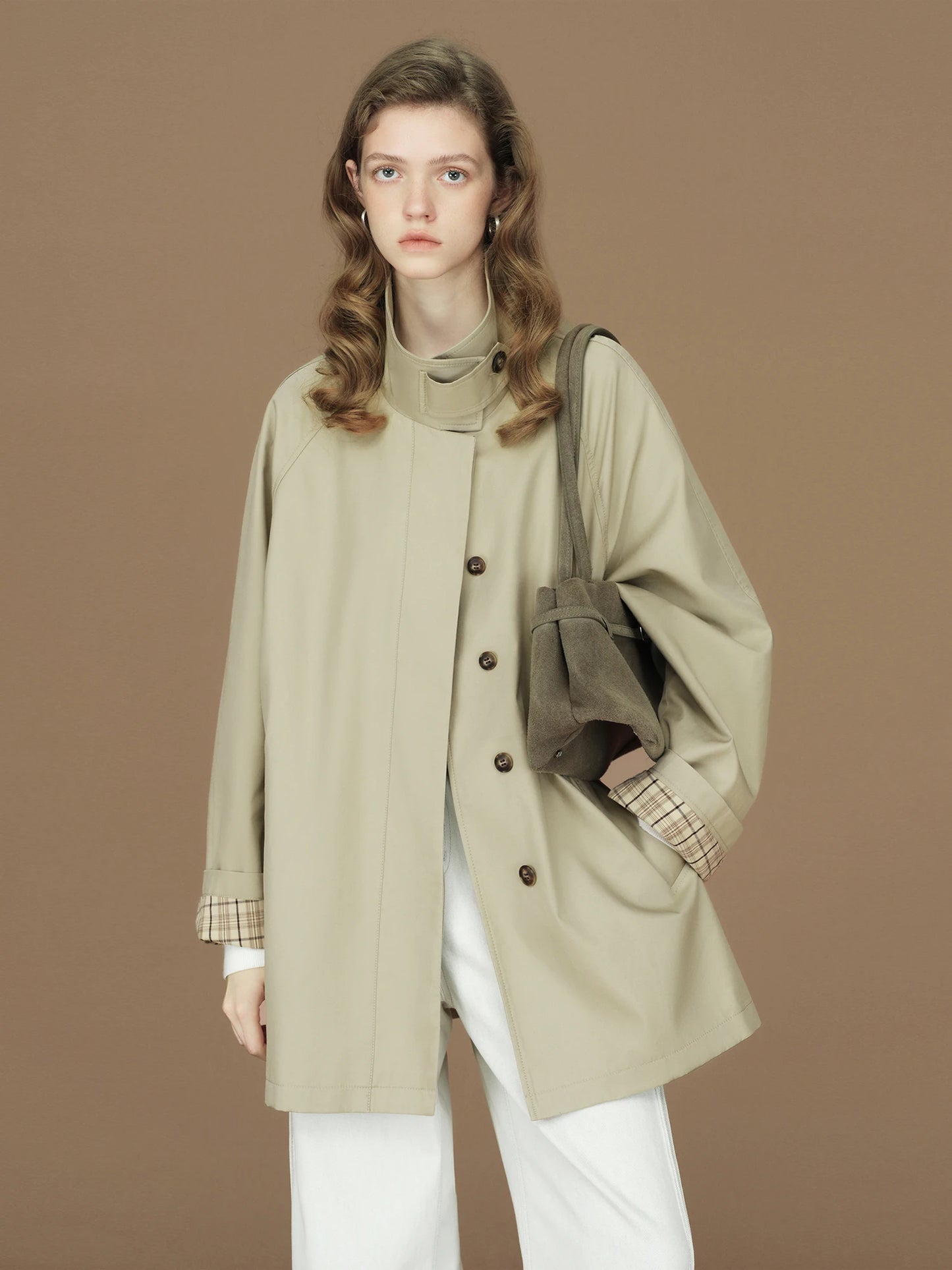 FSLE 2026 Womens British Trench Coat Contrast Cuff Stand Collar Heritage Workwear Style Pink Black Khaki Short Long Trench Coat