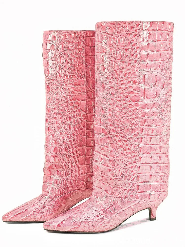 Women's Spring and Autumn New Cat Heel Wide Knee Knee Boots Fashion Pointed Women's Low Heel Mid Heeled Boots