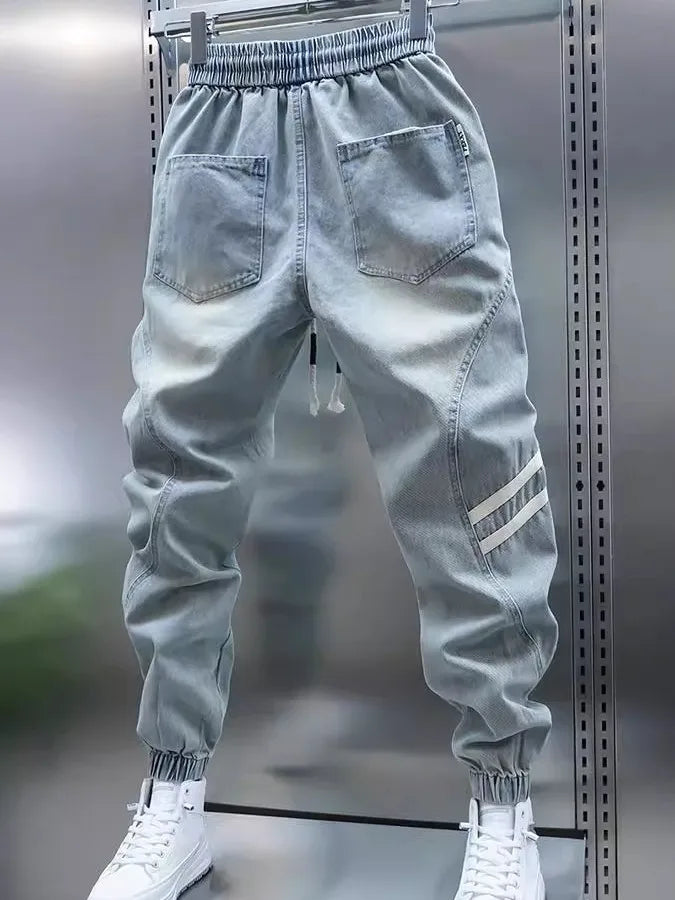 Men's Slim Fit Jeans mid Waist Elastic Waistband Casual Pants Patchwork Design Breathable Comfortable Summer Jeans